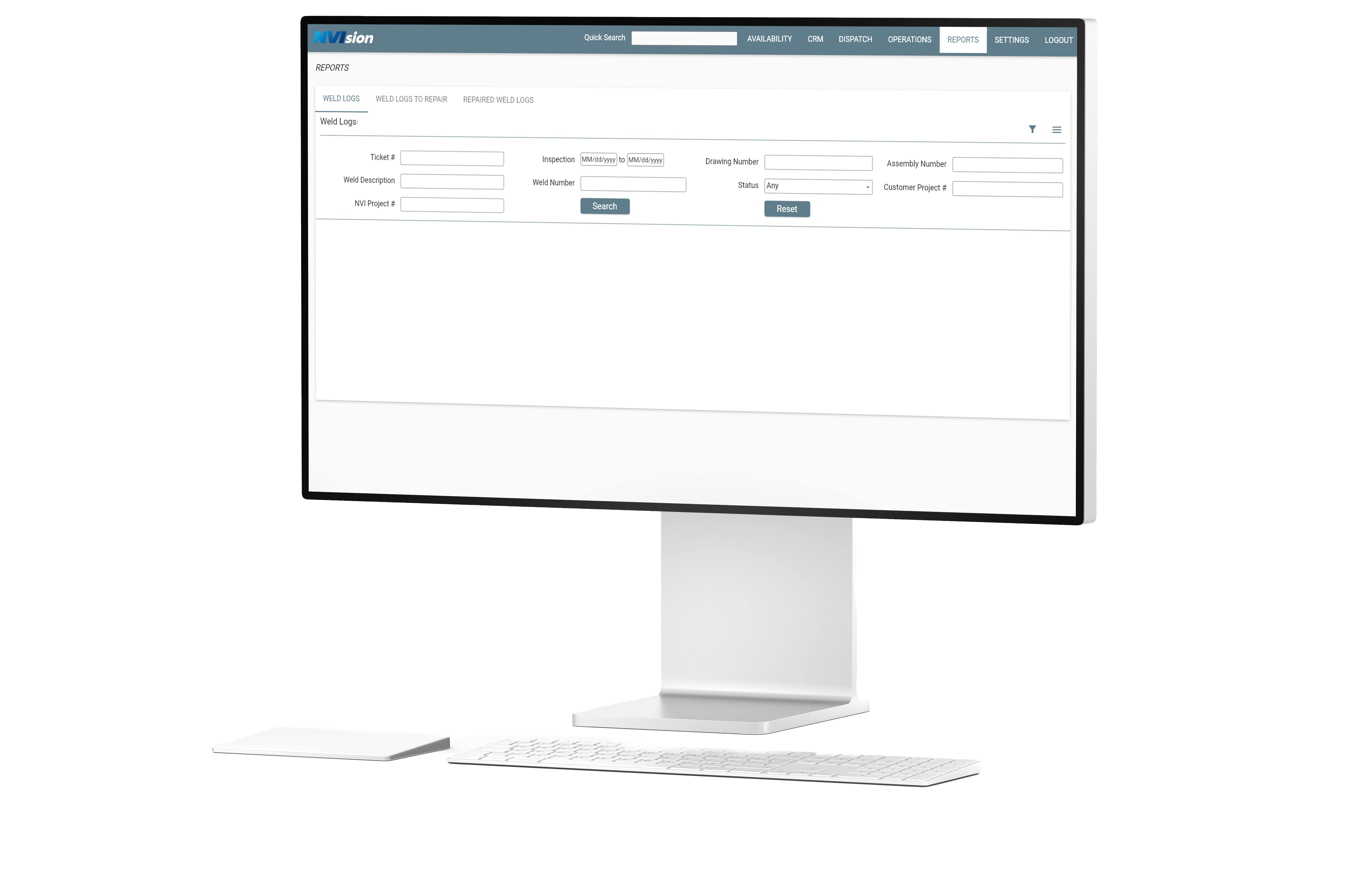 NVIsion weld logs reporting screen displayed on a desktop monitor
